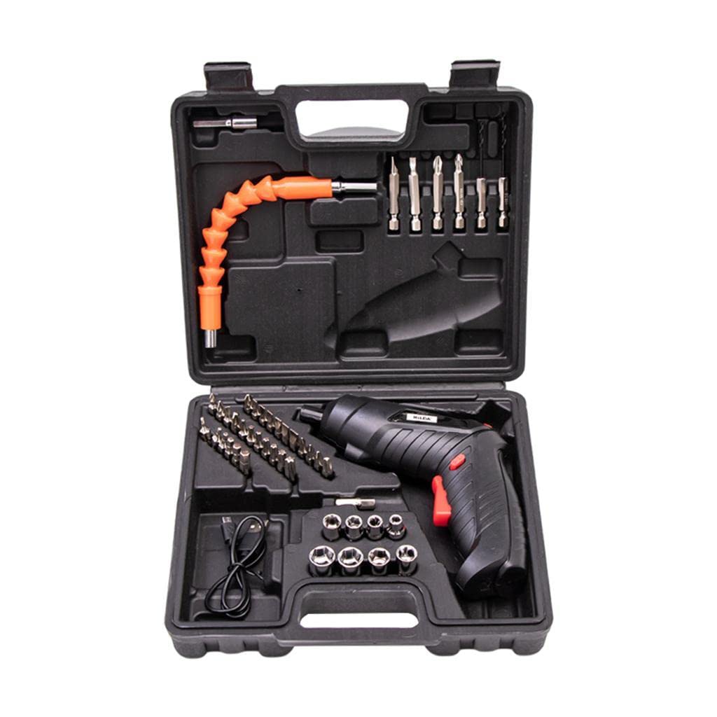 An open black plastic power drill kit case on a white background, containing a black cordless drill with a red trigger, multiple drill bits, socket bits, a flexible orange hose, and accessories.