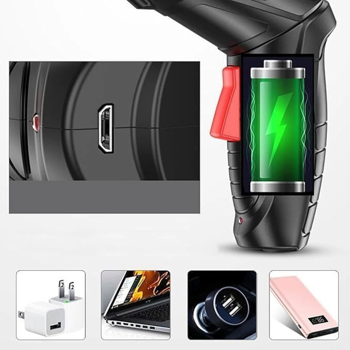 Black electronic device with green charging indicator, USB connectors, and power adapter on a white background.