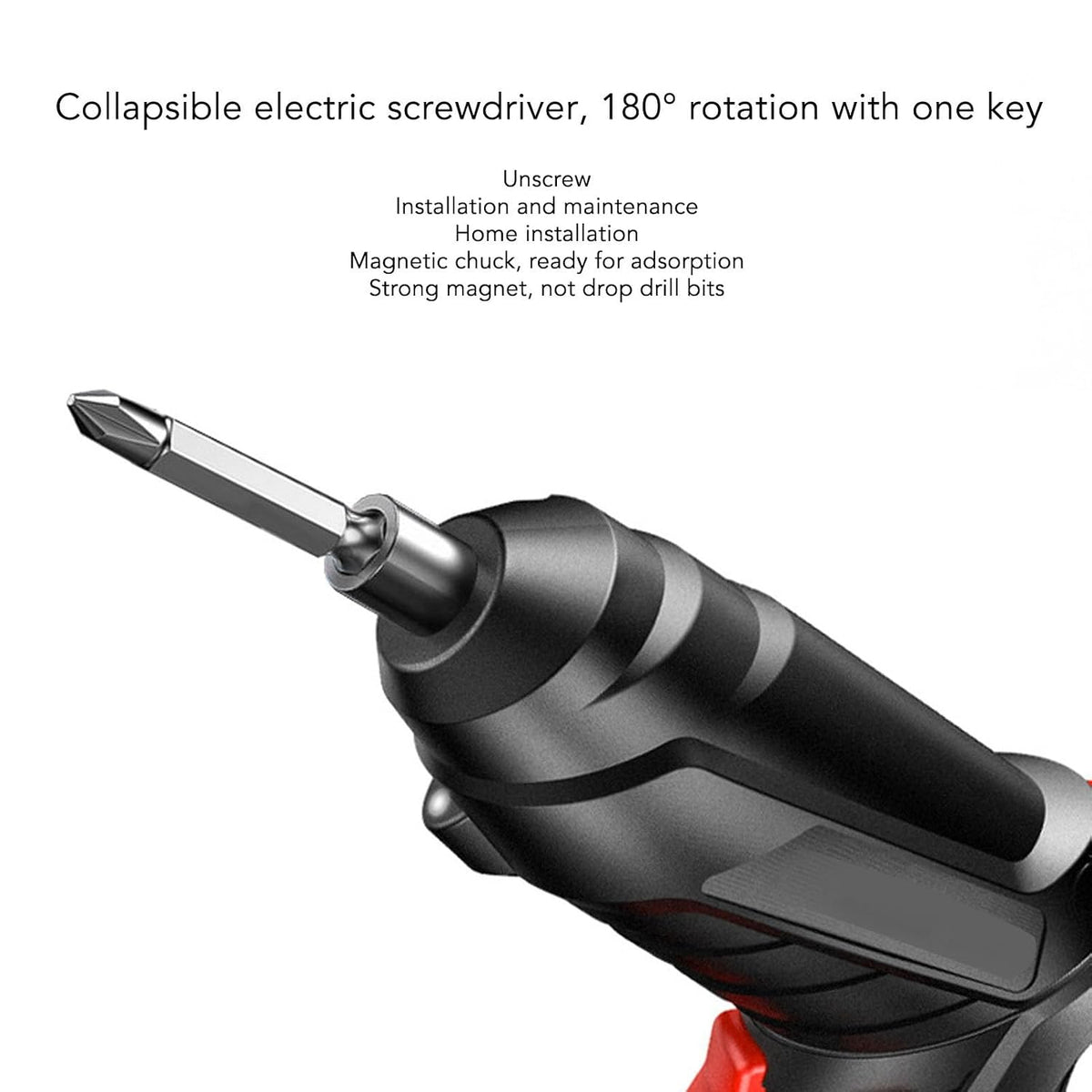 Collapsible electric screwdriver with text on a white background