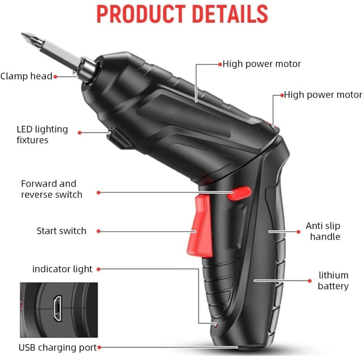 Black and red power tool with labeled features on a white background