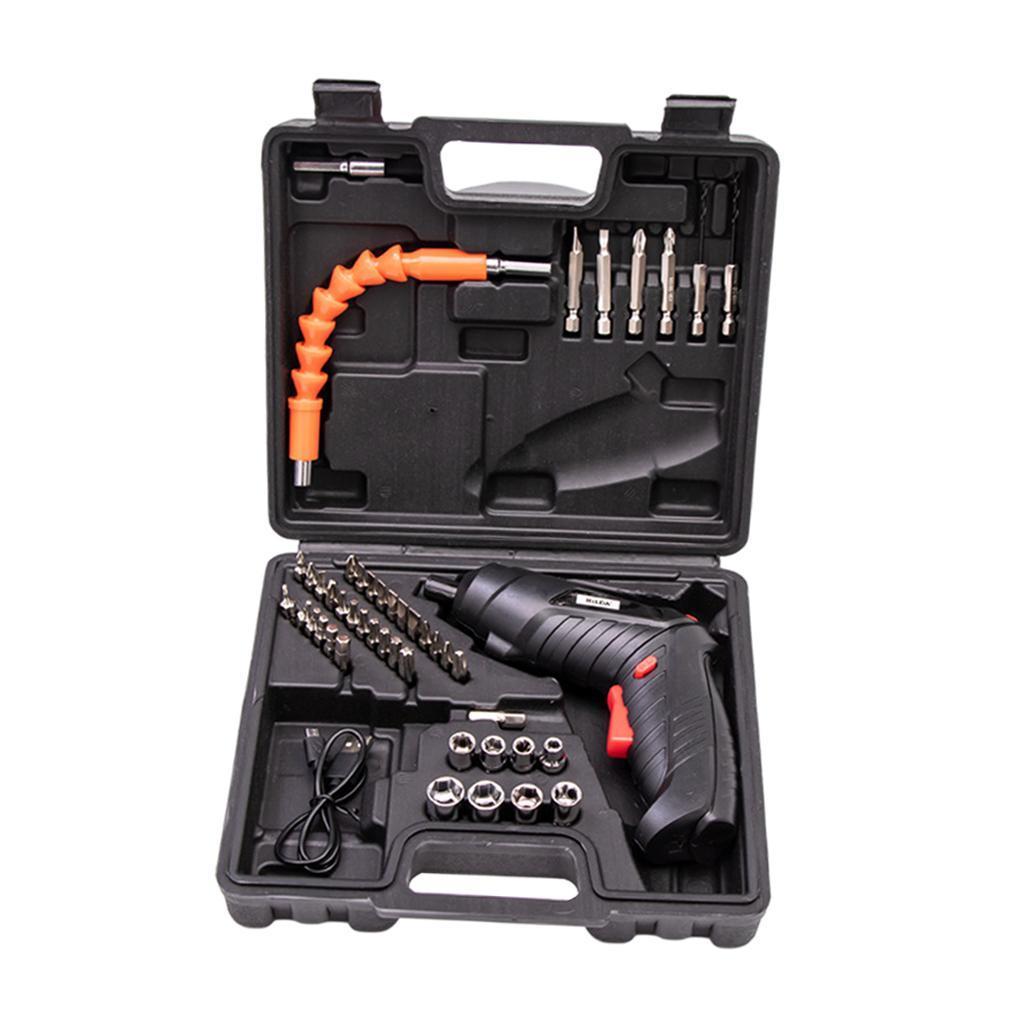 A cordless drill kit with a black drill and various drill bits, sockets, and an orange flexible hose, all organized in a black plastic carrying case on a white background.
