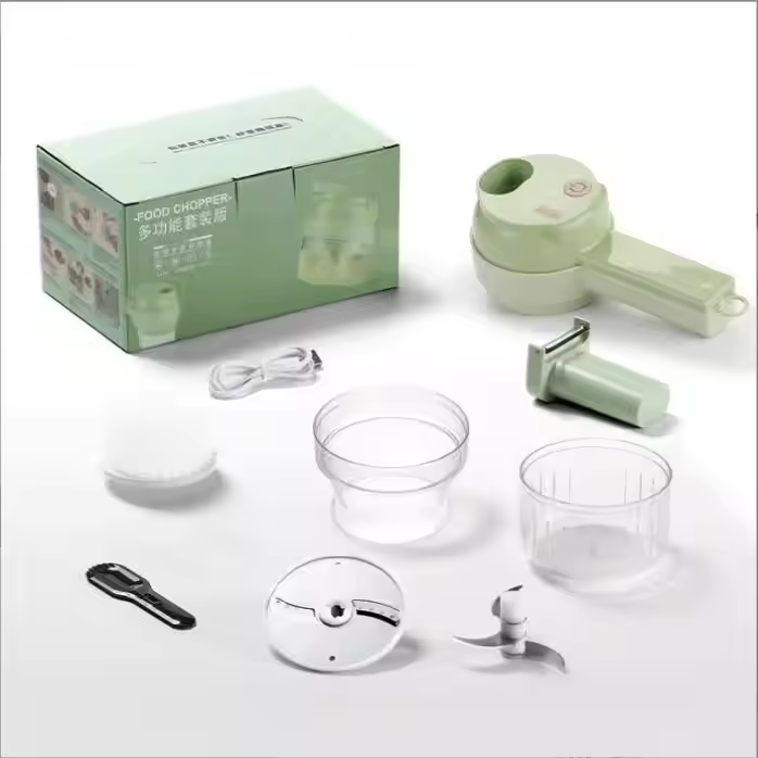 Green food chopper set with components and packaging on a white background