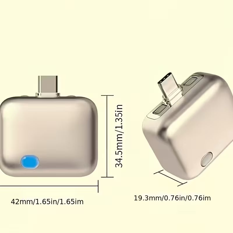 A small metallic travel adapter or USB-C dongle shown from two angles on a pale yellow background, with dimension labels reading 42mm/1.65in/1.