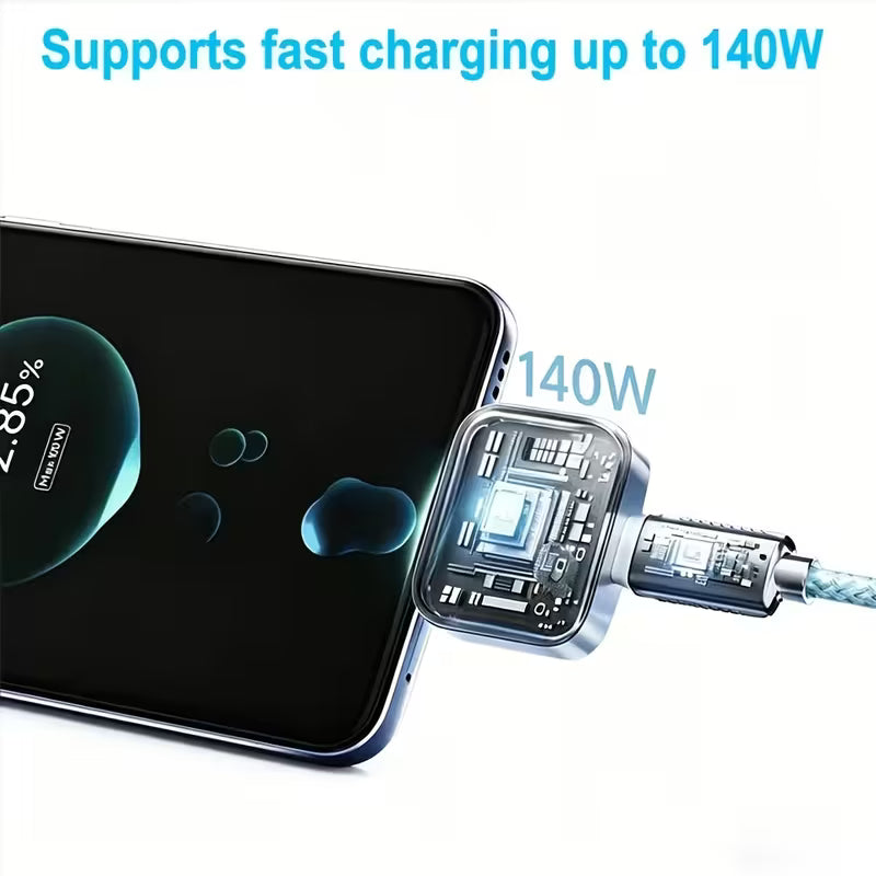 Smartphone with a charging cable and adapter, highlighting fast charging capability.