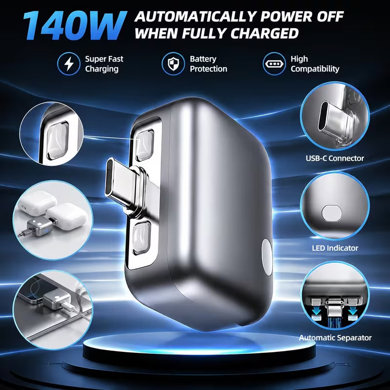 A 140W portable power bank shown on a dark blue graphic background with feature callouts and inset circles highlighting USB-C connector, LED indicator, automatic separator, battery protection, and high compatibility.