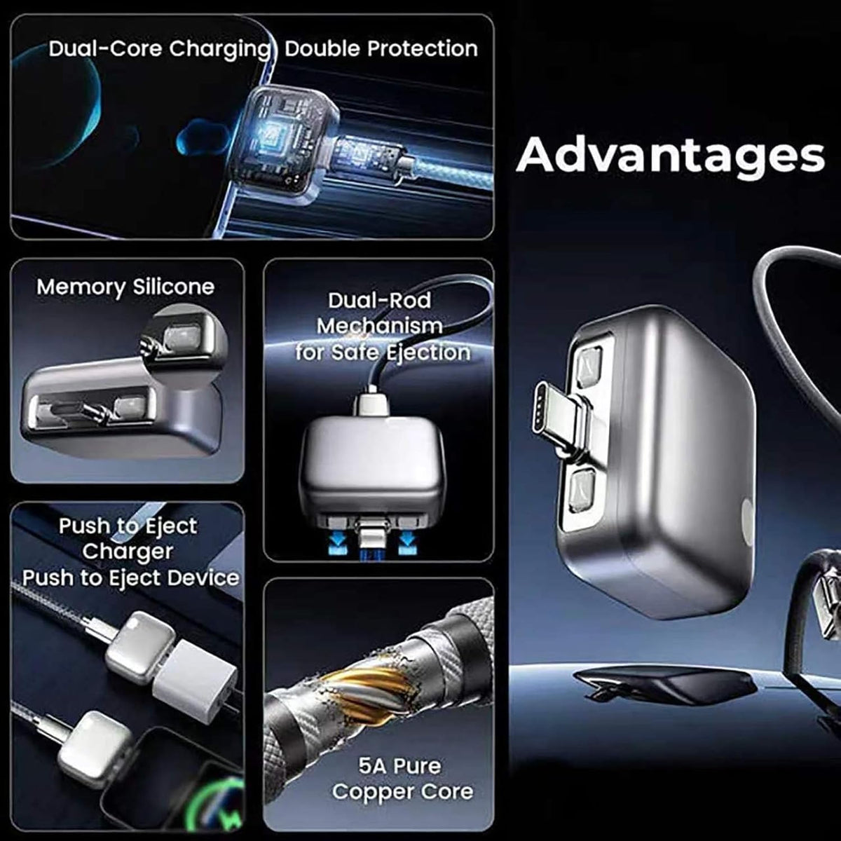 Product with charging features and text highlighting advantages on a dark background