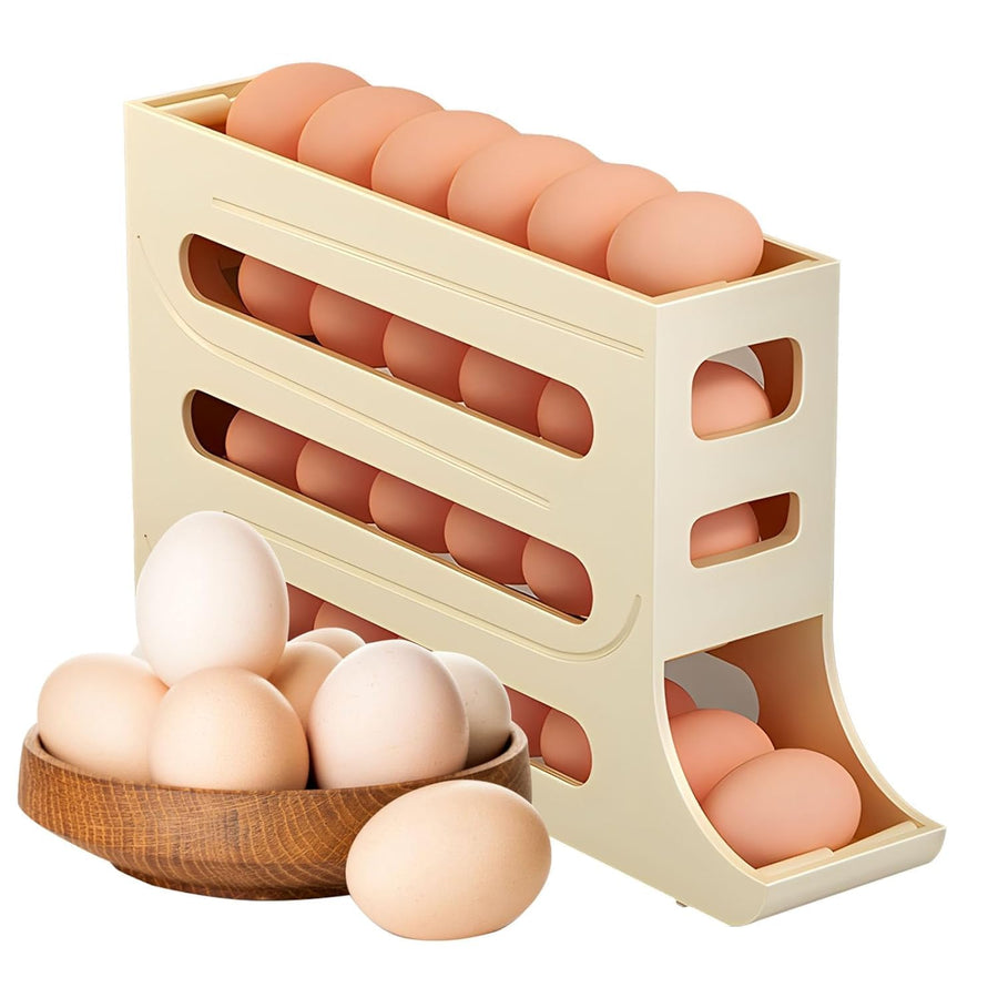 A cream-colored plastic egg storage rack filled with brown and white eggs, shown alongside a small wooden bowl of eggs on a white background.