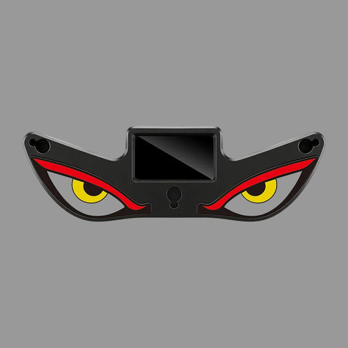 Black car visor with red accents and yellow eyes on a white background