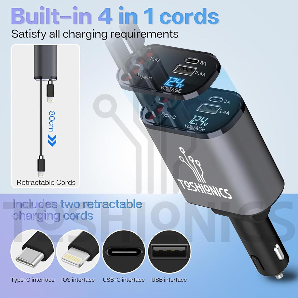 Toshinics car charger with multiple ports and retractable cords on a light blue background