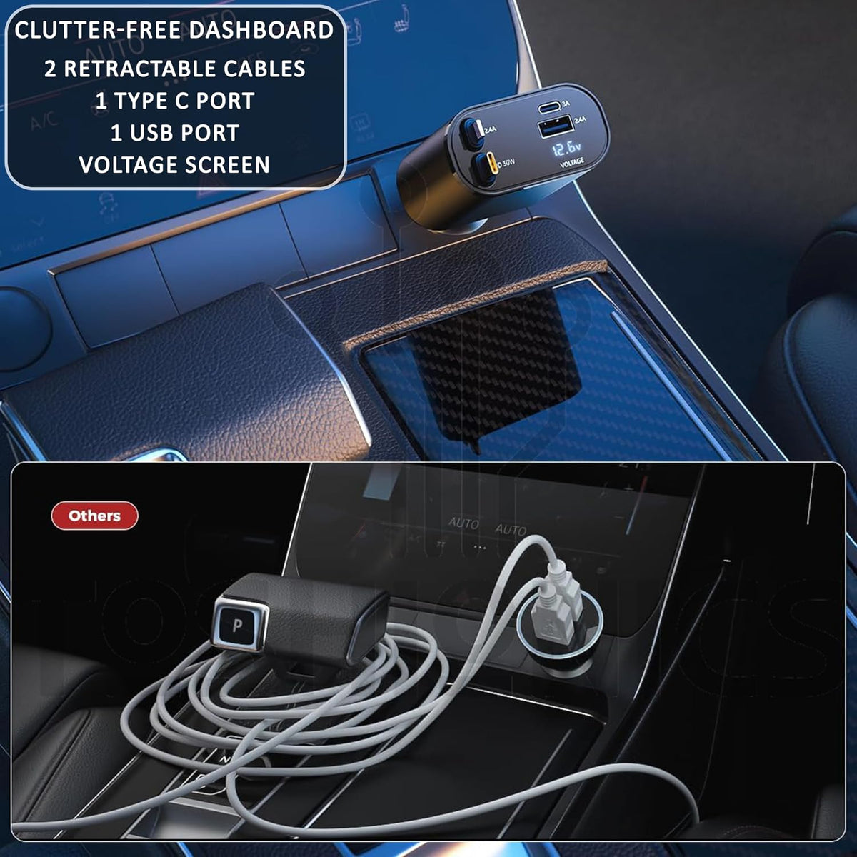 Car dashboard with a car charger and its features highlighted