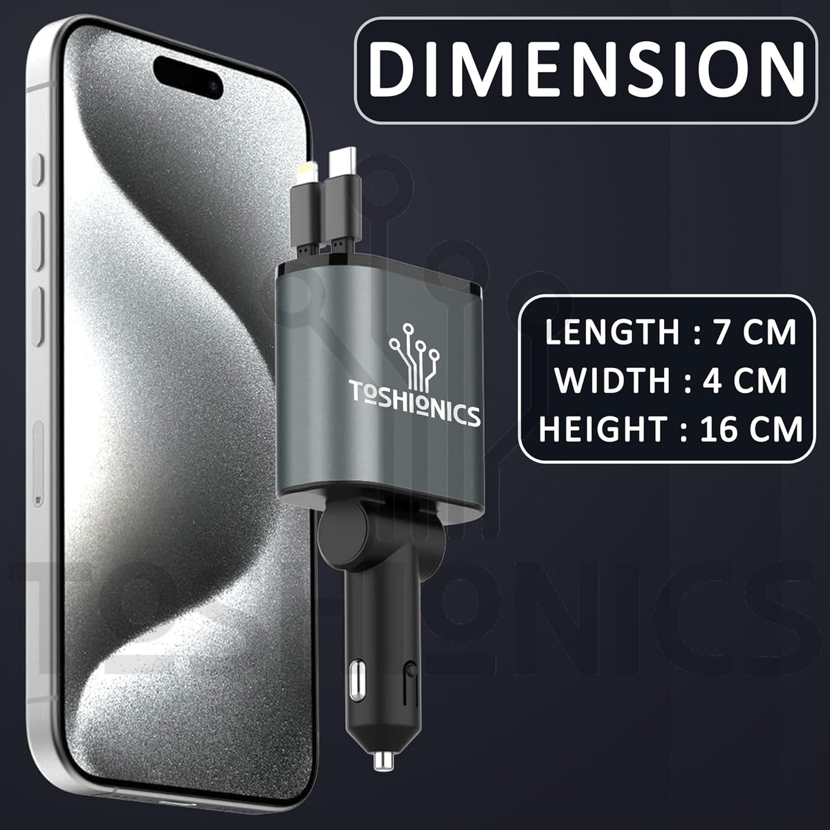 Toshionics car charger adapter with smartphone on a dark background