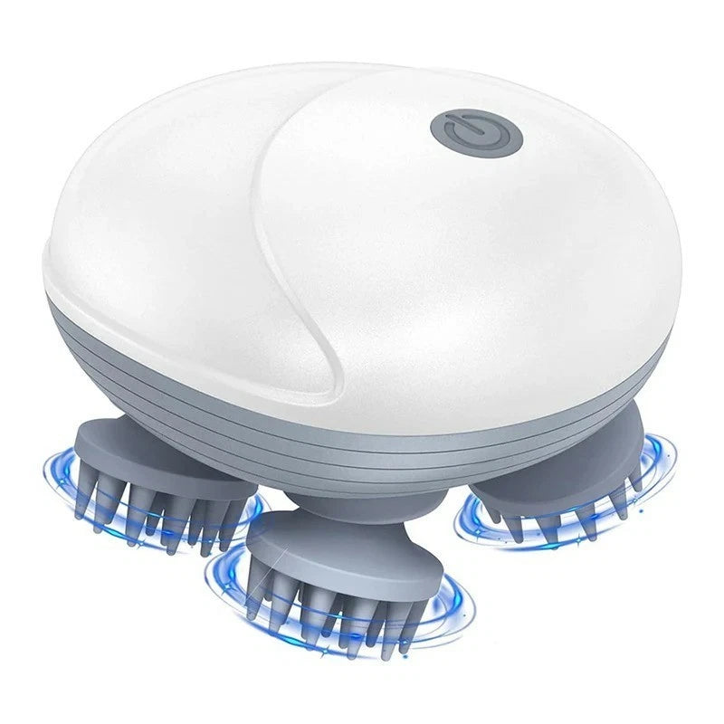 White and gray scalp massager with blue lights on a white background