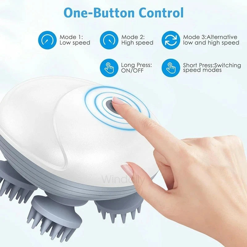 Hand using a device with one-button control features on a light blue background