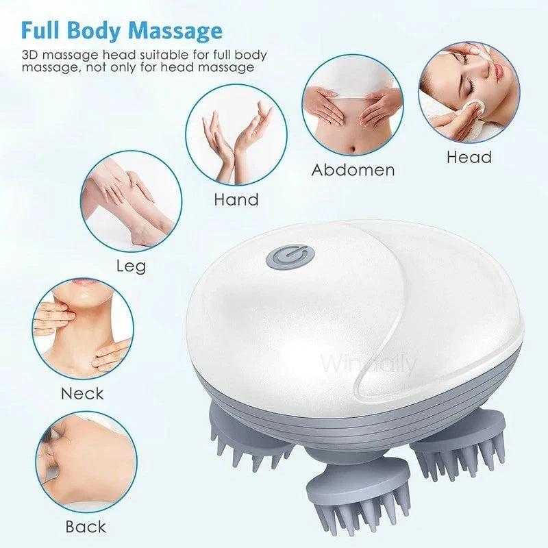 Massage device with 3D massage head for full body massage, shown with usage examples on a light blue background.