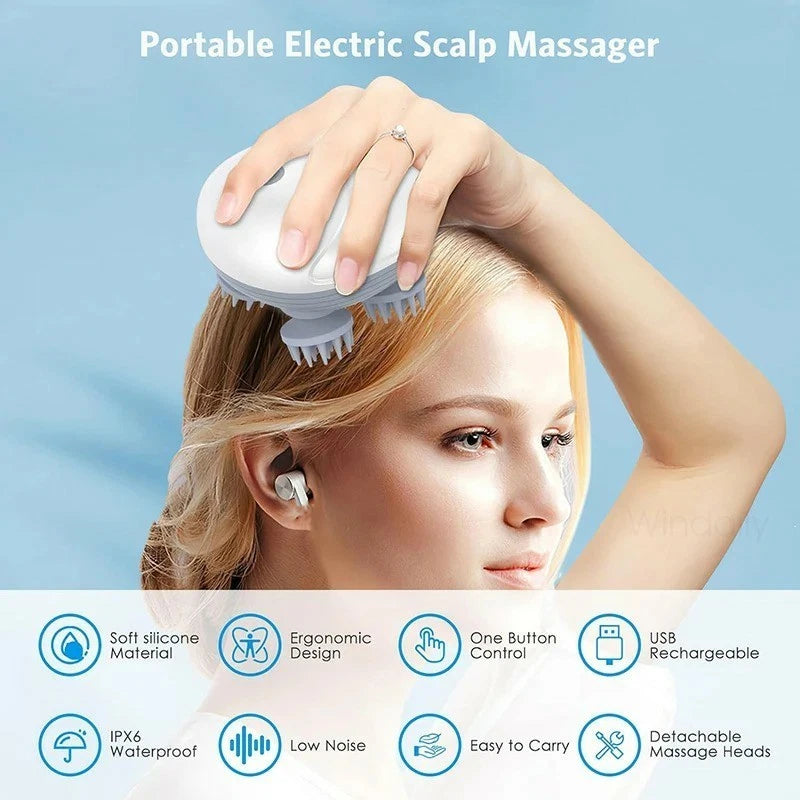 Portable electric scalp massager being used on a person's head with product features listed below.