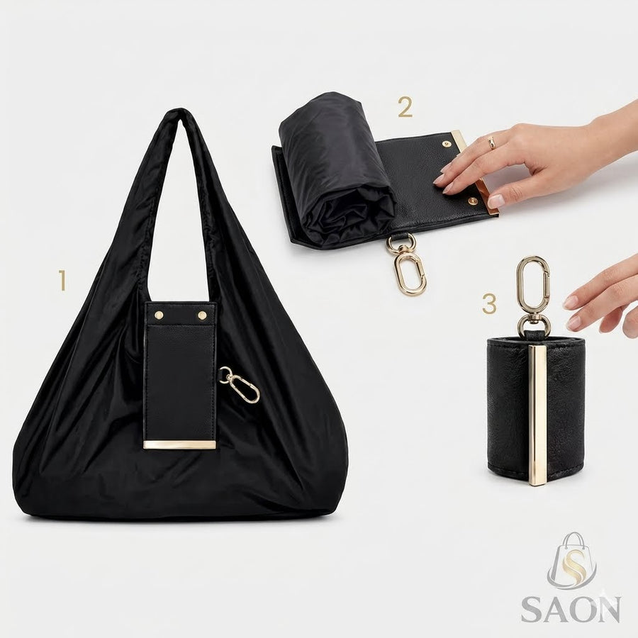 A black convertible shoulder bag shown in three states: fully expanded with a large shoulder strap and front card pocket (1), folded flat (2), and rolled into a cylindrical case with a key ring (3). A hand is visible in step 2 demonstrating the folded state.