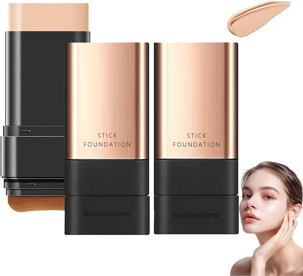 Three Kakashow stick foundation products in a sleek black and rose gold packaging, shown alongside a beige makeup swatch and a model's face demonstrating the foundation shade.