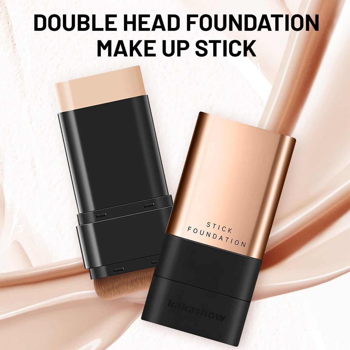 Double head foundation makeup stick with black and rose gold design on a light pink background