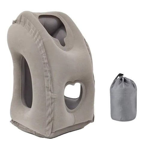 Gray inflatable travel neck pillow with a smaller gray bag on a white background