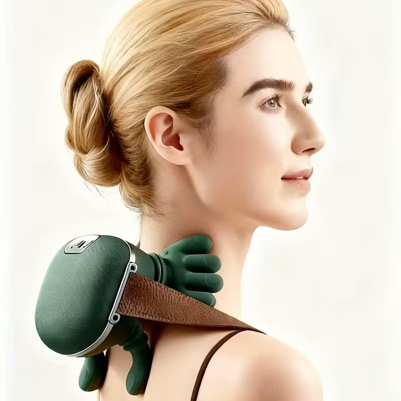 Woman using a green neck and shoulder massager on a white background
