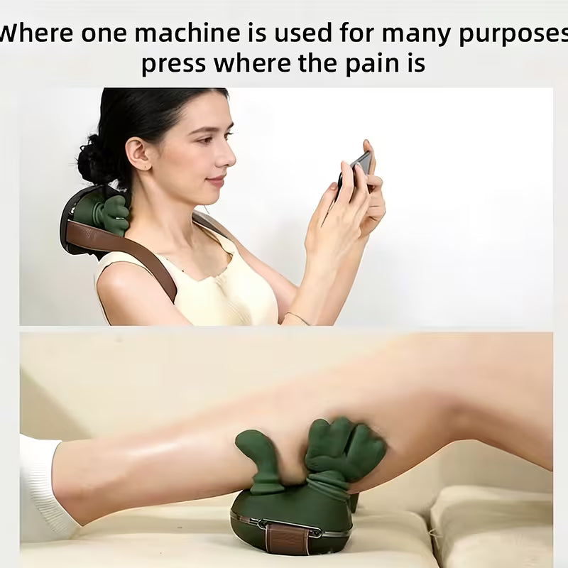 A split-panel promotional image showing a green and brown massage or pain-relief device used on a woman's neck and on a person's leg. Text at the top reads, 'Where one machine is used for many purposes press where the pain is.