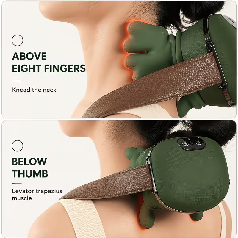 Two-panel demonstration of a green neck and shoulder massage device worn around the neck, with text reading 'ABOVE EIGHT FINGERS Knead the neck' and 'BELOW THUMBL Levator trapezius muscle.' The top panel shows the device pressing upward along the side of the neck, and the bottom panel shows it pressing downward on the upper shoulder.