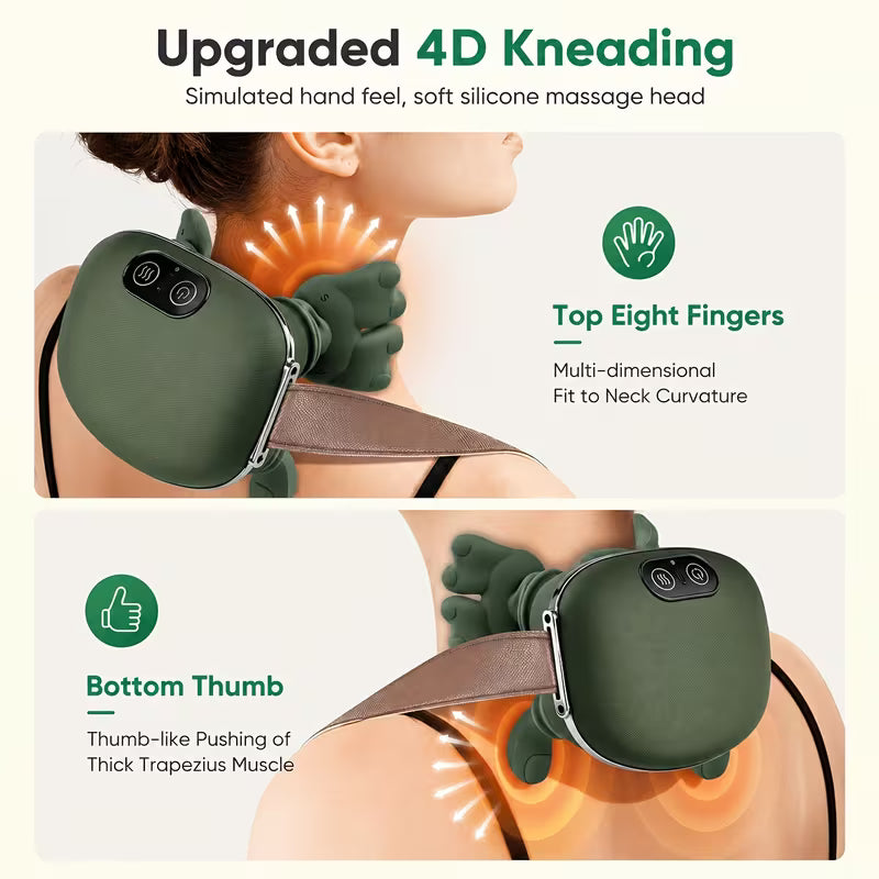 An infographic showing a green neck and shoulder massager being used on a woman's neck, with text highlighting upgraded 4D kneading, simulated hand feel, top eight fingers, and bottom thumb massage areas.