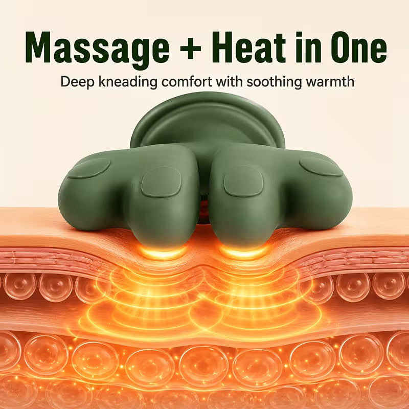 An electric foot massager shown on a foot with promotional text reading 'Massage + Heat in One' and 'Deep kneading comfort with soothing warmth.' The product is dark olive green, and the graphic includes an illustrated cross-section of skin with glowing orange heat waves beneath it.