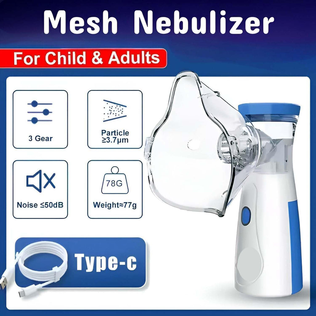 Mesh Nebulizer for Child & Adults with specifications on a blue and white background