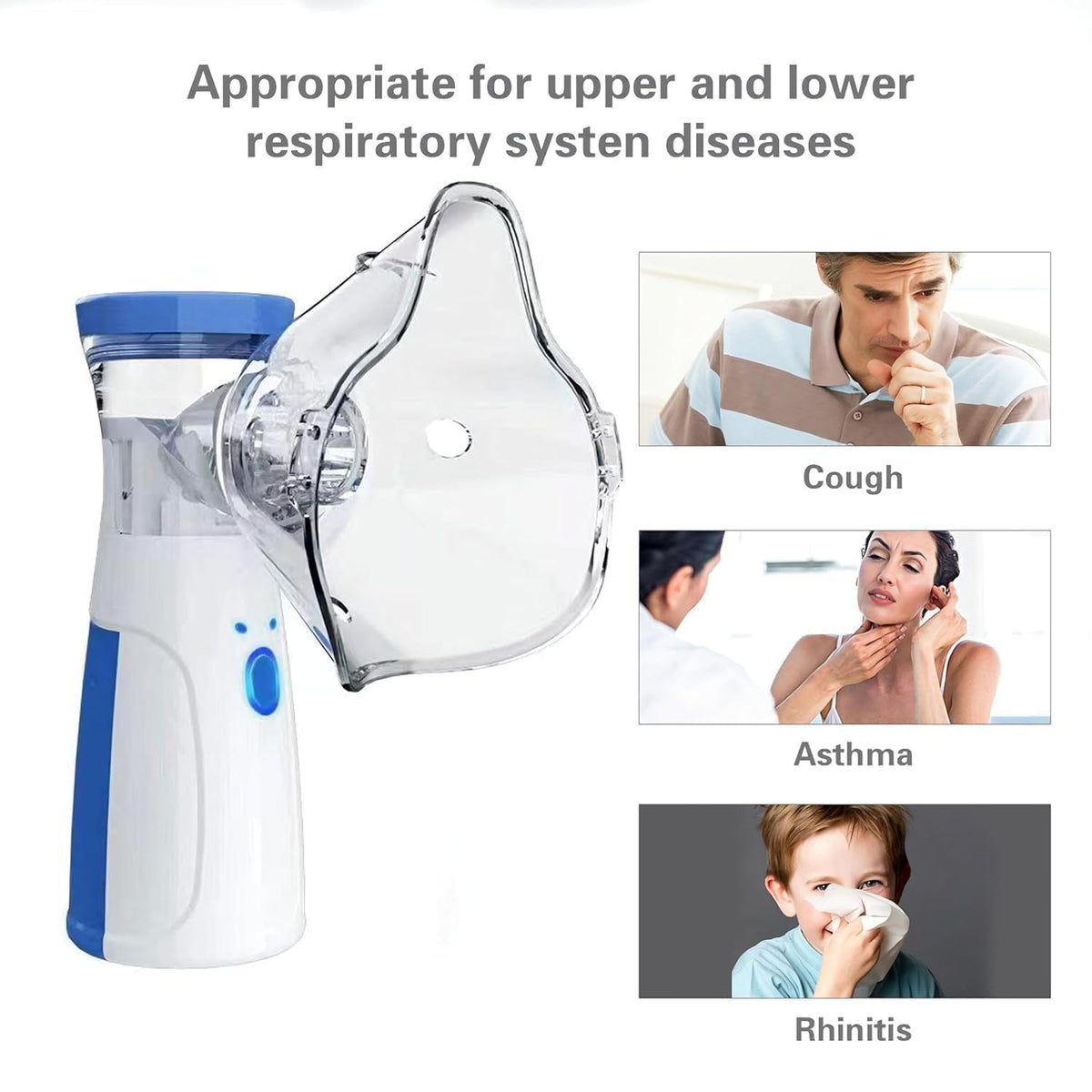 Inhaler device with text indicating its use for respiratory system diseases on a white background.