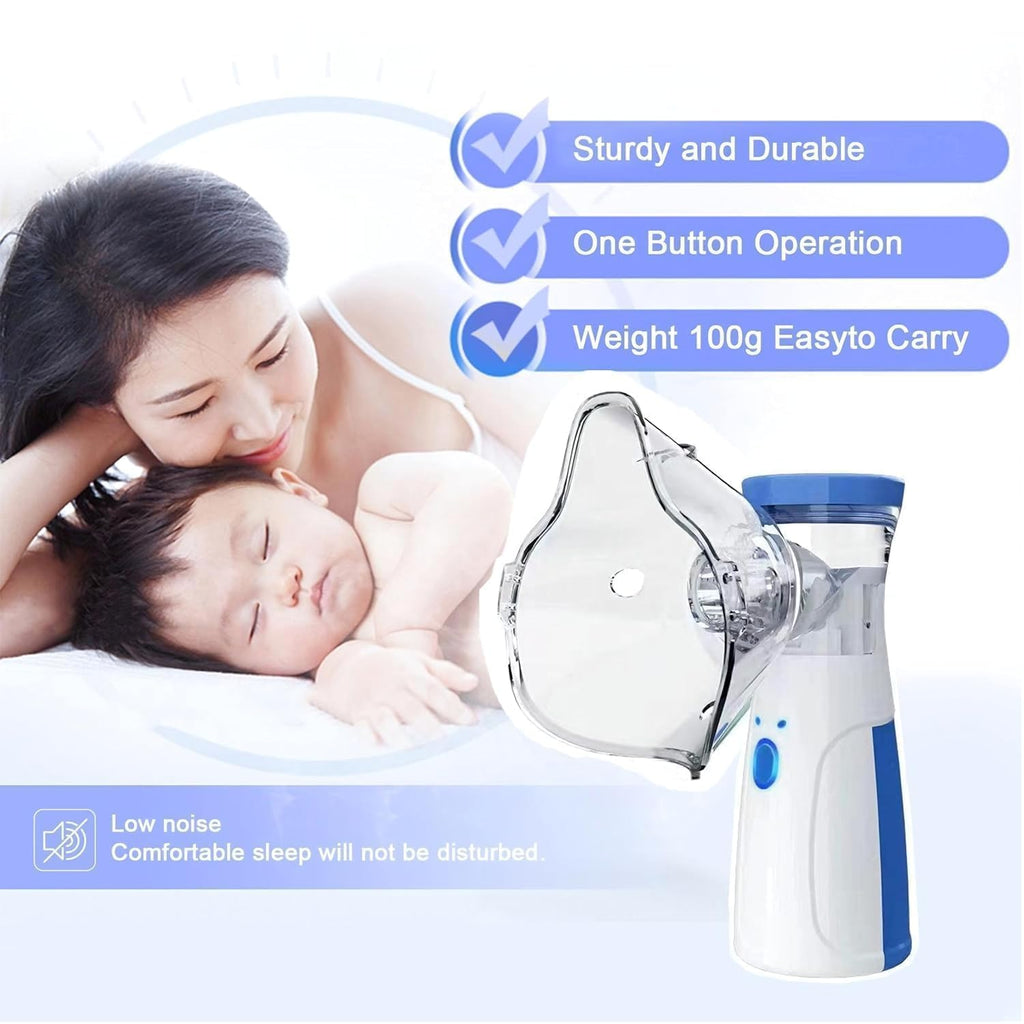 Inhaler device with a woman and child, highlighting features like sturdiness, ease of use, and portability.