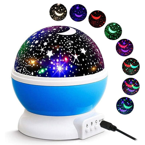 A small projector lamp with a blue and white globe-shaped body on a white base, shown with a power cord and a row of circular color options on a white background.