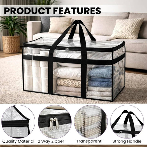 A large transparent storage bin with black handles and trim, shown filled with folded white and blue bedding or towels in a living room setting. The image includes a 'PRODUCT FEATURES' header and four circular feature callouts at the bottom highlighting the material, zipper, transparency, and handle strength.