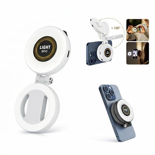 A white foldable phone camera light accessory shown on a clean white background, with inset views demonstrating its use attached to a smartphone, adjustable angle, and illuminated effect.
