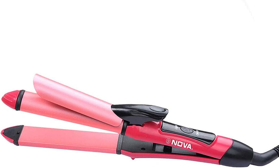 Pink and black Nova hair straightener on a white background