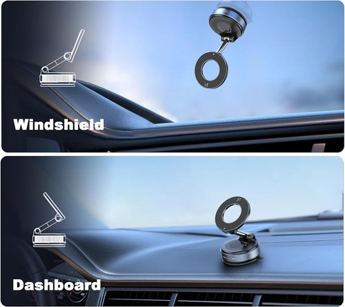 Illustration of a magnetic car mount being used on a windshield, dashboard, and backboard of a screen.