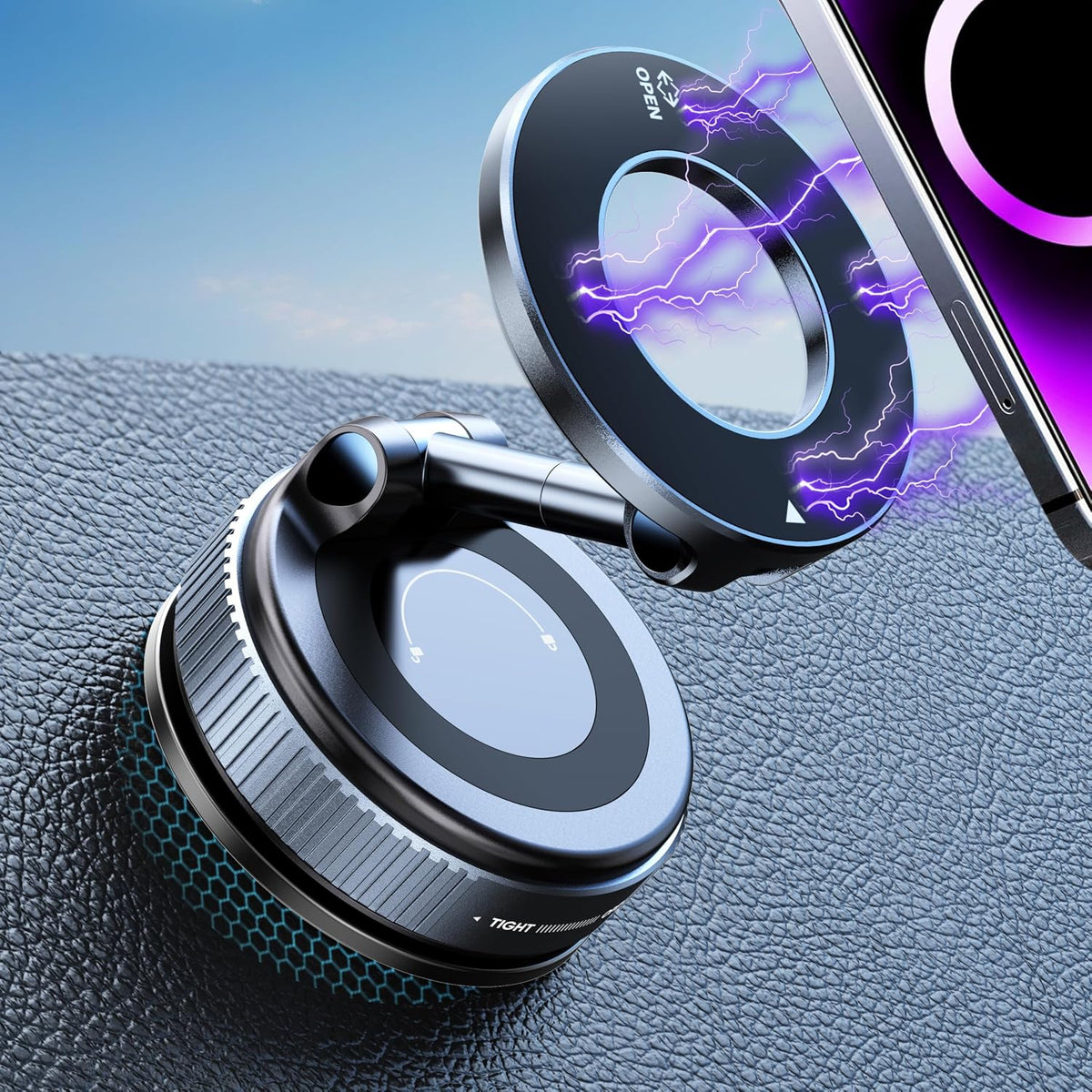 A close-up of a circular magnetic phone accessory with a textured dark gray body and a transparent ring component, shown against a blue sky background with purple lightning graphics and a smartphone edge visible on the right.