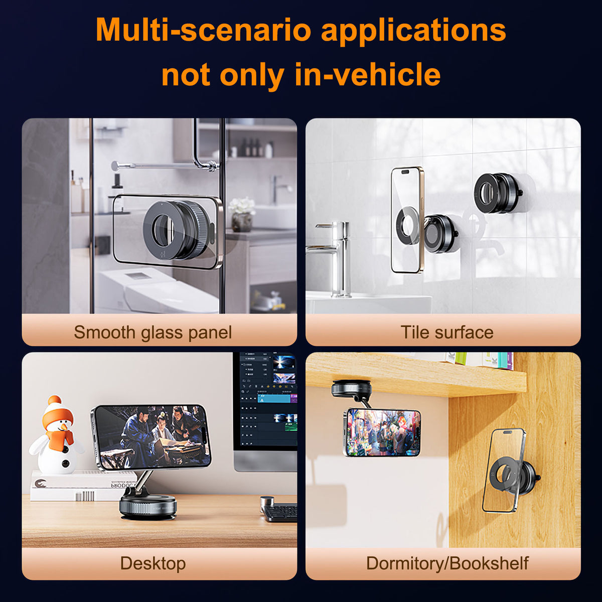 Multifunctional phone holder with applications on glass, tile, desktop, and bookshelf.